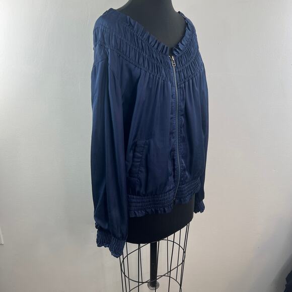 Love Sam Blue Alexe Bomber Jacket Floral Embroidered V-Neck Zip Size Medium M - Picture 7 of 12